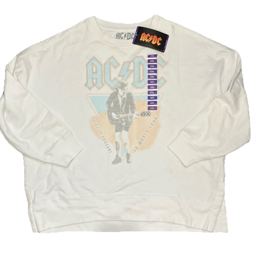 NWT AC/DC Sweatshirt XXL White 79 World Tour Graphic Crewneck Band Pullover
